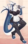  claws dragon female legwear maid_uniform mrsk nkms_(artist) scalie silver_platter solo stockings tea uniform wide_hips 