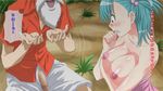  1girl age_difference artist_request bald beard blush breasts bulma censored clenched_teeth dragon_ball facial_hair green_hair hair_bobbles hair_ornament hetero highres large_breasts matching_hair/eyes mosaic_censoring muten_roushi nipples no_bra old_man open_mouth outdoors penis penis_awe side_ponytail teeth translation_request 