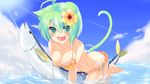  :d ahoge animal_ears bikini blush breasts cat_ears cat_tail cleavage dodome-iro_mayonnaise fish flower frilled_bikini frills green_eyes green_hair hair_flower hair_ornament hibiscus highres large_breasts light_rays looking_at_viewer open_mouth original partially_submerged sharon_(dodomayo) short_hair side-tie_bikini smile solo sunbeam sunlight swimsuit tail untied wallpaper water 