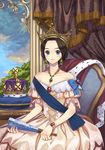  bare_shoulders blue_eyes briska brown_hair chair collarbone crown dress earrings holding jewelry looking_at_viewer original queen real_life_insert short_hair sitting smile solo victorian 