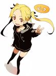  black_legwear blonde_hair bunbun character_request copyright_request hood hoodie long_hair orange_eyes solo thighhighs twintails v 