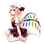  bad_id bad_pixiv_id blonde_hair bow flandre_scarlet hat long_hair ponytail red_eyes simple_background sitting solo touhou tsuburaya_35 white_background wings 