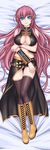  absurdres bed bed_sheet blue_eyes blush boots breasts cleavage dakimakura empty_eyes from_above full_body headphones highres kiazee large_breasts long_hair looking_at_viewer lying megurine_luka on_back on_bed on_stomach purple_hair solo thighhighs very_long_hair vocaloid 