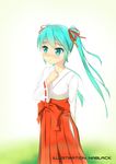  blush hatsune_miku japanese_clothes kuro-kun_(nablack) long_hair miko simple_background solo vocaloid 