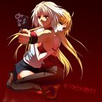  428 backless_outfit blonde_hair canaan canaan_(character) copyright_name gun handgun hug kneeling long_hair multiple_girls non_(2n_on) oosawa_maria outstretched_arm protecting red_background red_eyes revolver short_hair weapon white_hair yellow_eyes 