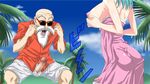  1boy 1girl age_difference ass bald beard breast_grab breasts bulma censored cloud dragon_ball dress dress_pull facial_hair grabbing hetero highres large_breasts mosaic_censoring muten_roushi no_bra old_man open_mouth outdoors penis shorts sky standing sunglasses tree 