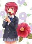  blazer blush camellia cherry_blossom! cowboy_shot floral_background flower holding holding_flower jacket kikuna_tsubaki looking_at_viewer pink_eyes red_hair school_uniform short_hair skirt smelling_flower solo yakusa 