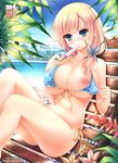  artist_name beach bikini bikini_pull blonde_hair blue_bikini blue_eyes blush boku_wa_tomodachi_ga_sukunai breasts butterfly_hair_ornament collarbone covered_nipples day food front-tie_top hair_ornament highres holding kashiwazaki_sena large_breasts long_hair looking_at_viewer nipples obiwan one_breast_out popsicle shiny shiny_skin side-tie_bikini sitting skindentation solo swimsuit weisuoxin 