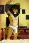  amber_eyes armpit_fur armpit_hair armpits briefs bulge erection feline half-erect kirron lion looking_at_viewer male mammal penis solo tenting topless underwear undressing 