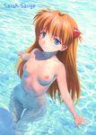  acrylic_paint_(medium) artist_name bad_id bad_pixiv_id banned_artist blush breasts brown_hair caustics from_above long_hair medium_breasts navel neon_genesis_evangelion nipples nude orange_hair rebuild_of_evangelion sarah_sauge shikinami_asuka_langley smile solo souryuu_asuka_langley traditional_media wading water 