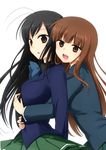  accel_world antenna_hair black_hair brown_eyes brown_hair hug hug_from_behind kurasaki_fuuko kuroyukihime long_hair multiple_girls n39 open_mouth school_uniform skirt umesato_middle_school_uniform 