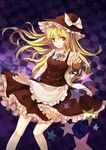  apron bad_id bad_pixiv_id blonde_hair bow braid elise_(piclic) hair_bow hat hat_bow highres kirisame_marisa long_hair mini-hakkero outstretched_arm puffy_sleeves short_hair short_sleeves single_braid smile solo touhou white_bow witch_hat yellow_eyes 