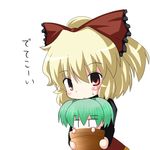  blonde_hair blush bow carrying green_eyes green_hair hair_bobbles hair_bow hair_ornament kisume kurodani_yamame lowres multiple_girls open_mouth pot r_pascal red_eyes short_hair sweatdrop touhou twintails white_background |_| 