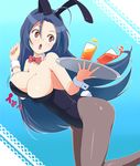  animal_ears blue_hair bow bowtie breasts bunny_ears bunny_girl bunny_tail bunnysuit cleavage collarbone detached_collar drink fake_animal_ears fishnet_pantyhose fishnets glass idolmaster idolmaster_(classic) juice large_breasts long_hair miura_azusa open_mouth pantyhose red_eyes shougi_(116) sleeveless solo spill tail tray wrist_cuffs 