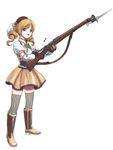  ayase_(ayase_m712) bayonet bolt_action boots casing_ejection drill_hair fingerless_gloves full_body gloves gun highres k31 mahou_shoujo_madoka_magica rifle schmidt-rubin shell_casing simple_background sling solo standing thighhighs tomoe_mami traditional_media weapon white_background 