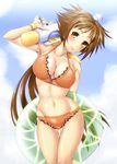  ayato bad_id bad_pixiv_id bikini breasts brown_hair cleavage dieci_(nanoha) highres innertube large_breasts long_hair lyrical_nanoha mahou_shoujo_lyrical_nanoha_strikers numbers_(nanoha) solo swimsuit water_gun wristband yellow_eyes 