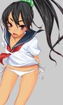  arms_behind_back bikini bikini_bottom black_hair dark_skin long_hair no_pants open_mouth original ponytail red_eyes sasetsu school_uniform serafuku side-tie_bikini simple_background solo swimsuit 