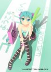  aqua_eyes aqua_hair hachune_miku hair_ribbon hatsune_miku kuro-kun_(nablack) long_hair looking_at_viewer multiple_girls ribbon sitting skirt spring_onion striped striped_legwear thighhighs twintails vocaloid 