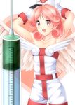  angel_wings bad_id bad_pixiv_id bangs blush cowboy_shot curly_hair duel_monster hat highres holding injection_fairy_lily komimiyako large_syringe looking_at_viewer nurse nurse_cap oversized_object parted_bangs pink_eyes pink_hair smile solo syringe wings yuu-gi-ou yuu-gi-ou_duel_monsters 