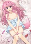  1girl alternate_hairstyle animal_ears blush breasts collarbone covering covering_crotch dog_days dog_ears dog_girl dog_tail frilled_pillow frills lying medium_breasts millhiore_f_biscotti on_back open_mouth panties panty_pull pillow pink_hair pink_panties purple_hair pussy_juice remote_control_vibrator solo tail trembling underwear vibrator 