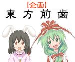  azuma_takeshi_(andon_kandelaar) black_hair bow bunny carrot carrot_necklace ears frills front_ponytail green_eyes green_hair hair_bow hair_ornament hair_ribbon happy inaba_tewi jewelry kagiyama_hina long_hair multiple_girls necklace open_mouth pendant red_eyes ribbon short_hair simple_background smile touhou translated white_background 