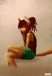  cereal clothing crossed_legs dreadlocks dreds female green green_eyes hair hair_bun lazydez paint red red_hair shirt shorts sitting solo speed tank_top 