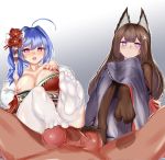  2girls absurdres ahoge amagi_(azur_lane) animal_ears azur_lane blue_hair blush breasts breasts_outside brown_hair clothed_female_nude_male feet footjob hair_ornament heart heart-shaped_pupils highres japanese_clothes large_breasts lavender_eyes long_hair looking_at_viewer multiple_girls nipples nude pantyhose parted_lips penis pink_eyes pov saint-louis_(azur_lane) soles symbol-shaped_pupils uncensored white_legwear 