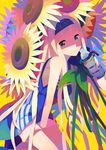  blonde_hair blue_eyes bottle flower hairband long_hair multicolored multicolored_eyes original shorts sleeveless smile solo sunflower very_long_hair yokariko 