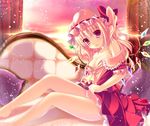  ascot bare_legs bare_shoulders blonde_hair blush breasts cleavage couch embarrassed flandre_scarlet hat hat_ribbon kino_(kino_konomi) legs lifted_by_self looking_at_viewer medium_breasts off_shoulder panties pillow red_eyes ribbon short_hair side_ponytail sitting skirt skirt_lift skirt_set solo sunset touhou underwear white_panties window wings 