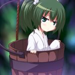  blush bucket green_eyes green_hair hair_bobbles hair_ornament in_bucket in_container kagesaki-ice kisume long_sleeves short_hair solo touhou twintails wide_sleeves wooden_bucket 