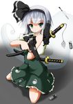  airsoft black_hairband browning_hi-power dual_wielding green_eyes gun hair_ribbon hairband handgun hitodama holding holding_gun holding_weapon kneeling konpaku_youmu konpaku_youmu_(ghost) pistol puffy_sleeves ribbon s&amp;w_m59 short_hair short_sleeves silver_hair solo sword touhou trigger_discipline weapon 