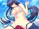  1girl black_hair blush bra breasts breasts_outside bulge cloud cloudy_sky day erection game_cg girl_on_top grinding hair_ornament large_breasts long_hair looking_at_viewer marushin_(denwa0214) navel nipples open_mouth purple_eyes rooftop skirt skirt_around_one_leg sky supokon!_sports_wear_complex terashima_madoka tsuji_tatsuya underwear white_bra 