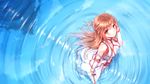  aincrad asuna_(sao) bad_id bad_pixiv_id bare_shoulders brown_hair detached_sleeves from_above half_updo highres hiten_(hitenkei) long_hair looking_at_viewer looking_up pleated_skirt reflection ripples skirt solo sword sword_art_online thighhighs wading wallpaper water weapon white_legwear 