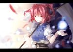  bad_id bad_pixiv_id blush hair_bobbles hair_ornament hitodama japanese_clothes onozuka_komachi red_(girllove) red_eyes red_hair scythe short_hair smile solo touhou two_side_up 