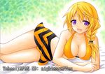  :d artist_name bikini blonde_hair braid breasts charlotte_dunois cleavage covered_nipples hair_over_shoulder infinite_stratos large_breasts long_hair lying nightmare77zx on_side open_mouth purple_eyes single_braid smile solo swimsuit traditional_media 