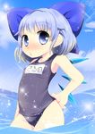  bad_id bad_pixiv_id blue_eyes blue_hair blue_sky blush bow cirno cloud day flat_chest hair_bow hand_on_hip one-piece_swimsuit school_swimsuit short_hair sky solo swimsuit touhou translated uta_(kuroneko) water wings 
