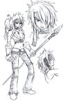  alternate_costume alternate_hairstyle bird breasts concept_art erza_scarlet fairy_tail hair_over_one_eye highres large_breasts mashima_hiro midriff monochrome polearm spear weapon 