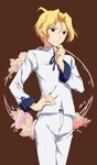  ahoge bad_id bad_pixiv_id blonde_hair blue_eyes brown_background chin_stroking cowboy_shot floral_background flower genderswap genderswap_(ftm) hand_on_hip male_focus odawara_hakone ribbon rose ryuumonbuchi_touka saki school_uniform simple_background solo standing 