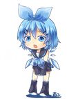  blue_eyes blue_hair blush chibi cirno cosplay detached_sleeves fang hair_ornament hair_ribbon hairclip headphones highres kagamine_rin kagamine_rin_(cosplay) neckerchief open_mouth ribbon shirt short_hair shorts solo touhou v_arms vocaloid yui_(daijun) 