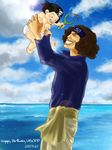 2boys age_difference bandanna black_hair blue_sky cloud clouds east_blue family father father_and_son multiple_boys ocean one_piece outdoors sky slingshot smile son usopp water yasopp young younger 