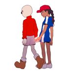  1girl abigail_lincoln bald black_hair braid clenched_hand codename:_kids_next_door commentary dark_skin earrings hat holding_hands jewelry looking_at_another nigel_uno parted_lips shorts simple_background standing sunglasses t_k_g walking white_background 