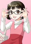  adjusting_eyewear bag bespectacled black_hair brown_eyes doujima_nanako dress glasses hair_ribbon open_mouth persona persona_4 ribbon shopping_bag smile solo twintails yaso_shigeru 