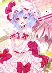  ascot bad_id bad_pixiv_id bat_wings blue_eyes blue_hair blush bow frills ginzuki_ringo hat hat_ribbon highres jewelry open_mouth puffy_sleeves remilia_scarlet ribbon short_hair short_sleeves solo touhou wings wrist_cuffs 