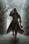  1boy baseball_cap bird black_hair blood boots building buildings cp9 crow dripping facial_hair feathers full_body goatee hand_on_hat hand_on_headwear hat hat_over_eyes jacket male male_focus one_piece outdoors rob_lucci ruins scenery solo top_hat tree vest waistcoat walking 