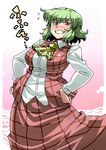  blush breasts doyagao green_hair grin hands_on_hips highres kazami_yuuka large_breasts looking_at_viewer plaid red_eyes short_hair smile solo teeth touhou tsuki_wani vest 