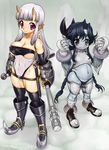  2girls artist_request blue_hair blue_skin breasts character_request cleavage horns large_breasts long_hair mace multiple_girls nurugamer-kouyouju oni pointy_ears silver_hair small_breasts source_request weapon 