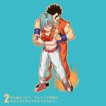  1girl bad_id bad_pixiv_id black_hair blue_background blue_eyes blue_hair bulma dragon_ball dragon_ball_z grabbing midriff muscle navel origami_(red) scar short_hair wristband yamcha 