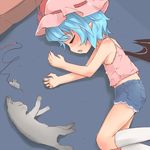  alternate_costume bad_id bad_pixiv_id bat_wings blue_hair camisole cat closed_eyes contemporary cutoffs denim denim_shorts flat_chest lying madhand midriff on_floor on_side pointy_ears remilia_scarlet short_hair shorts sleeping solo touhou toy_mouse wings 