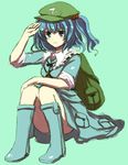  backpack bag blue_eyes blue_hair hair_bobbles hair_ornament inazakura00 kawashiro_nitori salute short_hair sitting sleeves_rolled_up solo touhou two_side_up 