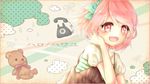  arm_up bad_id bad_pixiv_id blush bow hair_bow hello/how_are_you_(vocaloid) open_mouth pink_eyes pink_hair saya7 short_hair smile solo 